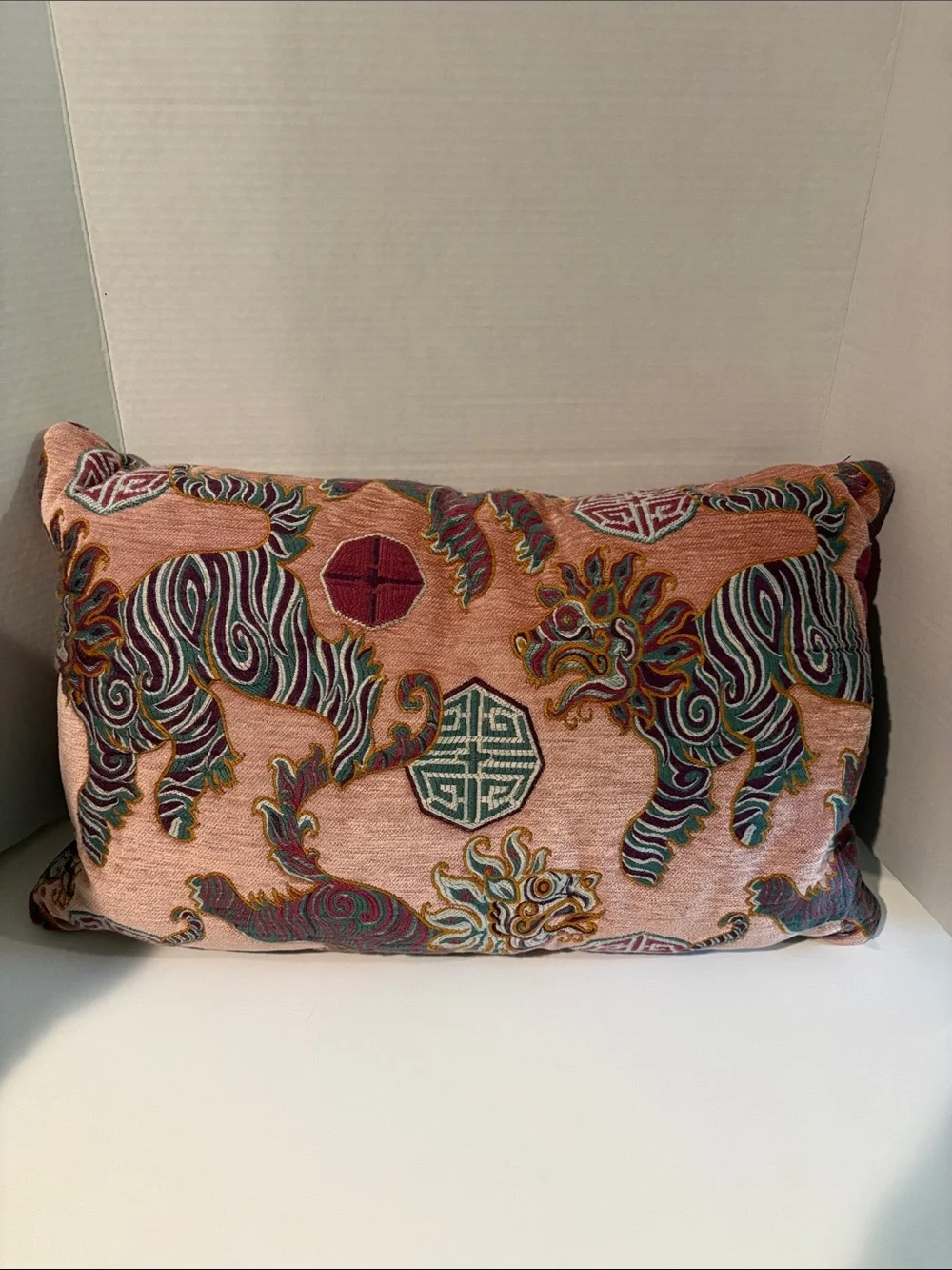 Embroidered Pink Dragon Motif Accent Pillow - Unbranded